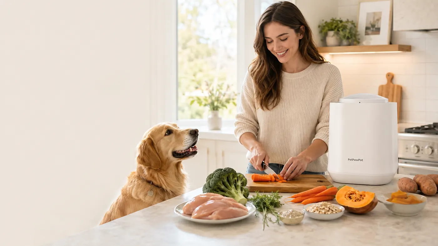 A pet parent prepping fresh ingredients while her dog watches