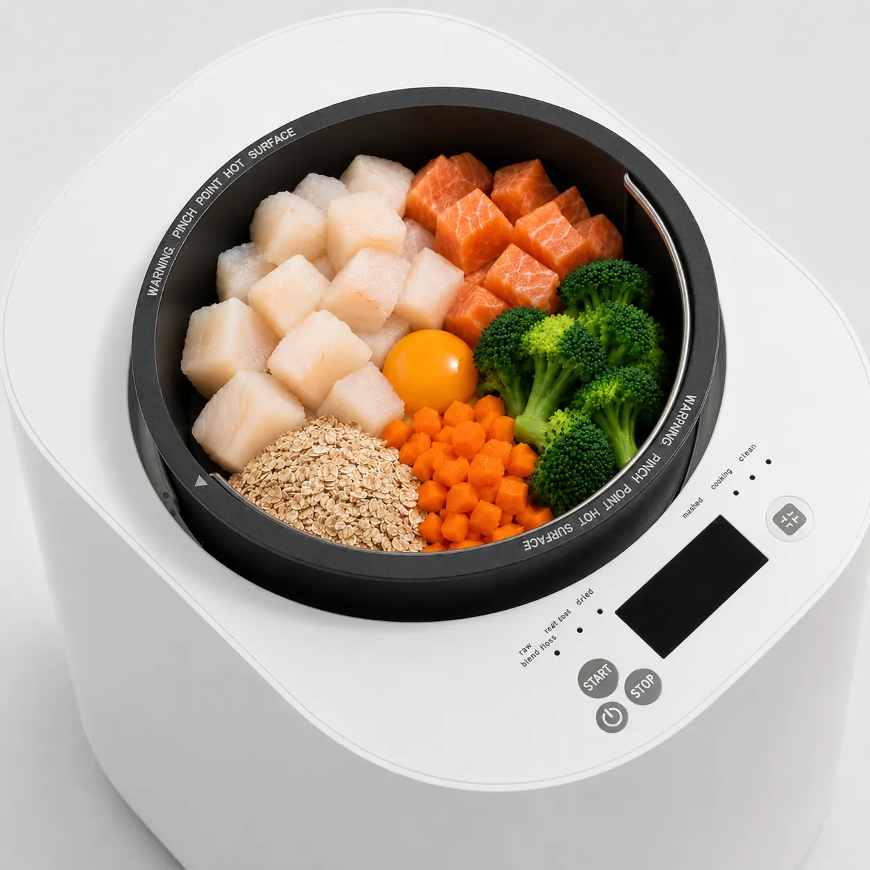 Top-down view of the PetPawPot fresh meal maker loaded with real ingredients