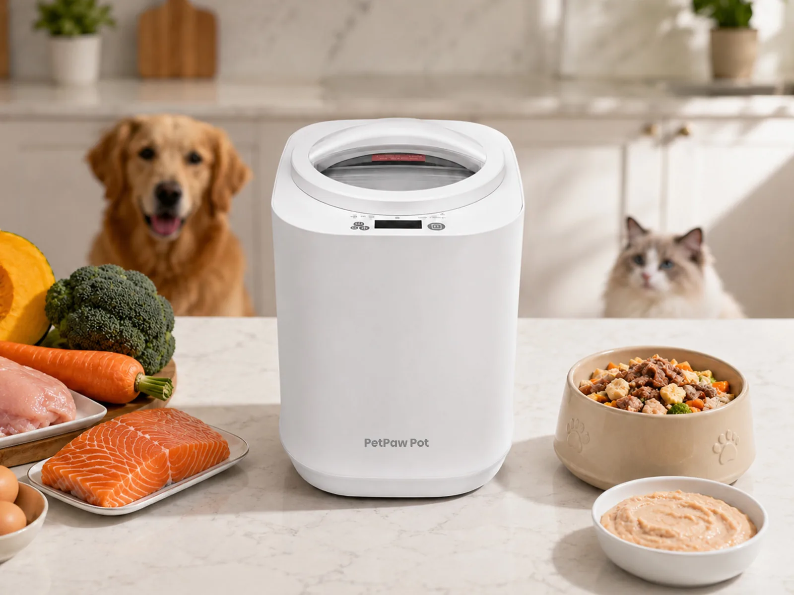 The PetPawPot Fresh Meal Maker surrounded by fresh ingredients and a prepared meal bowl